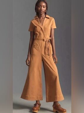 Maeve Anthropologie Womens Short Sleeve Wide Leg Jumpsuit Camel Tan Size 2
